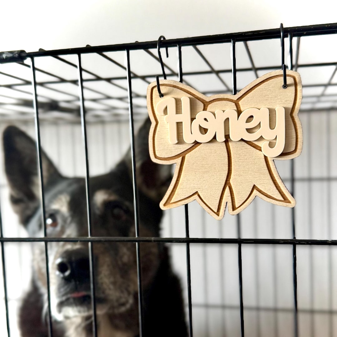 View of Personalized Dog Crate Name Tag – Custom Bow-shaped Kennel Nameplate ...
