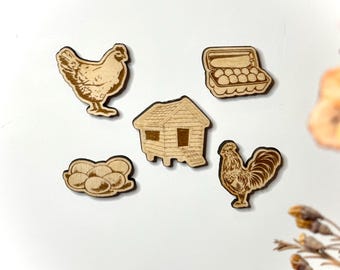 Engraved Wooden Chicken Magnets (Set of 5) - Farmhouse Kitchen Decor