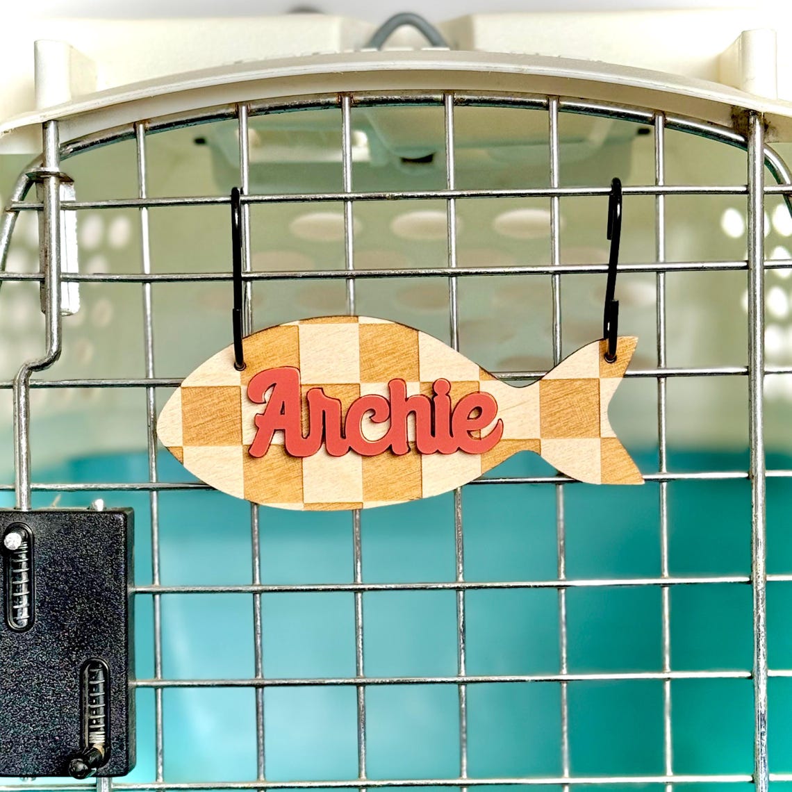 Personalized Cat Crate Tag - Checkered Cat Name Tag - Custom Wooden Cat ...