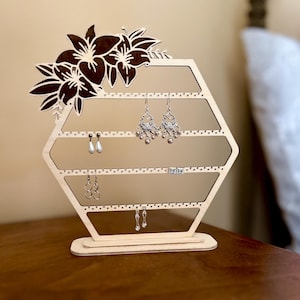 Hexagon Earring Holder - Wooden Jewelry Organizer Stand - Floral Earring Display for Studs & Hoops - Birch Plywood Earring Storage