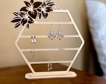 Hexagon Earring Holder - Wooden Jewelry Organizer Stand - Floral Earring Display for Studs & Hoops - Birch Plywood Earring Storage