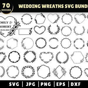 Pacchetto SVG di ghirlande nuziali, monogramma di corona d'alloro con cerchio floreale per matrimonio, cornice floreale per matrimonio, SVG di fiori, ghirlanda di cuori, file istantaneo