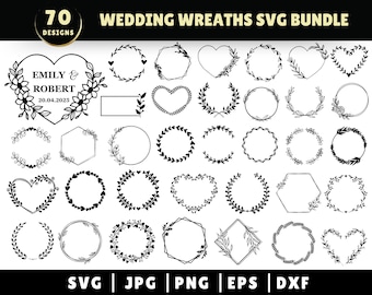 Wedding Wreaths SVG Bundle, Floral Wedding Sign Circle Laurel Wreath Monogram, Wedding Floral Frame, Flower SVG, Heart Wreath, Instant File