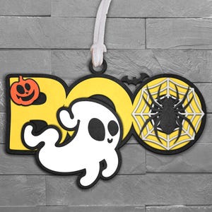 Halloween schattig spook met boe-geroep voordeurhanger lasergesneden bestand, spookdeurhanger, Halloween-deurbord, Happy Halloween Glowforge SVG