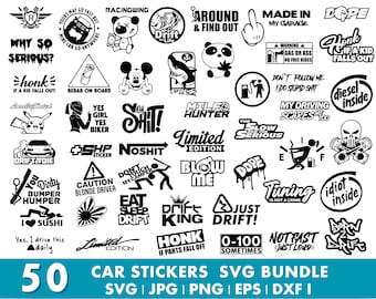 May include: A set of 50 black and white car stickers with diverse designs and text. The stickers include phrases such as "Drift Life," "Honk if a kid falls out," and "Diesel Inside." The bundle includes SVG, JPG, PNG, EPS, and DXF files.