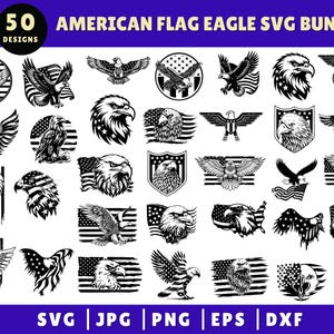 May include: A set of 50 black and white American flag and eagle SVG designs. The designs feature a variety of eagle poses and American flag variations.