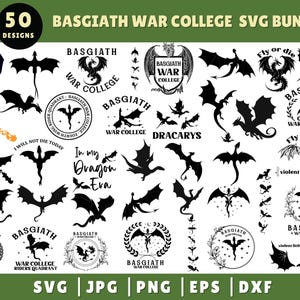 Peut inclure: Un ensemble de 50 designs SVG en noir et blanc représentant des dragons et le texte "Basgiath War College". Les designs comprennent différentes poses de dragons, des variations de texte et quelques designs avec une couronne autour du texte.