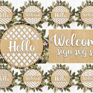8 designs de pacote de placa de boas-vindas cortada a laser, cabide de porta de boas-vindas de madeira, decoração de porta de entrada, placa de porta de entrada, cabide de porta redondo de madeira Glowforge