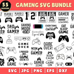 May include: A set of 55 black and white gaming SVG designs. The designs feature various gamer-related phrases and images, including controllers, game consoles, and text like "Gamer Mode On" and "Game Over".