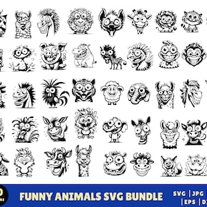 Funny Animals SVG Bundle, Quirky Crazy Animals Svg Files, Vector Art Svg, Cartoon Farm Animal Faces Svg, Cute Animals SVG, Instant Downloads
