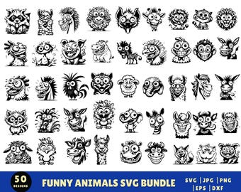 Paquete SVG de animales divertidos, archivos SVG de animales extravagantes, arte vectorial SVG, caras de animales de granja de dibujos animados SVG, animales lindos SVG, descargas instantáneas