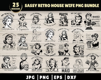 Paquete de imágenes PNG de estilo retro atrevido, ama de casa retro de moda, paquete de imágenes prediseñadas retro, diseño de sublimación para camisetas, bolsos de mano, mujeres retro sarcásticas