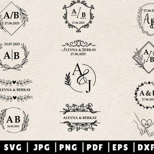 May include: A collection of 10 wedding monogram designs featuring various styles of floral wreaths, hearts, and script lettering. The monograms include the initials "A" and "B" and the date "27.06.2025".