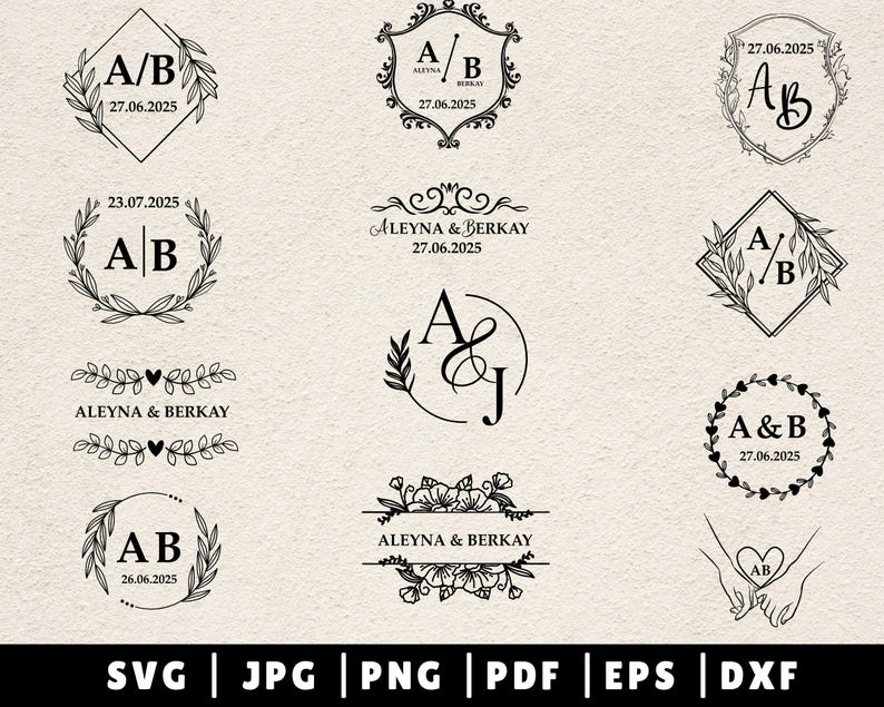 May include: A collection of 10 wedding monogram designs featuring various styles of floral wreaths, hearts, and script lettering. The monograms include the initials "A" and "B" and the date "27.06.2025".