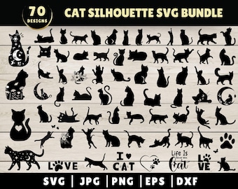 70 Cat Silhouette, Cat SVG, Cat Head SVG, Cat Face SVG, Cat Cut Files, Cat Design, Kitten Svg, Cat Vector, Kitty Svg, Pet Silhouette File
