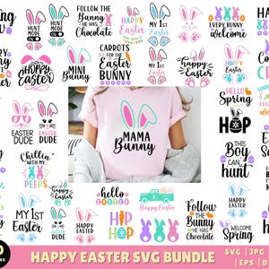 Puede incluir: Un conjunto de 60 diseños SVG de Happy Easter con orejas de conejo, huevos y varias frases con temática de Pascua. Los diseños son perfectos para crear camisetas, tazas, bolsas de mano y otras manualidades.