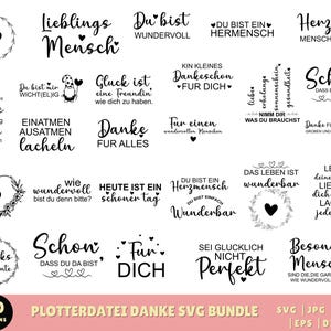 Könnte beinhalten: Ein Set mit 30 schwarzen und weißen SVG-Schneidedateien für einen Plotter. Die Designs zeigen verschiedene inspirierende Zitate auf Deutsch, wie "Lieblings Mensch" und "Du bist wunderbar".