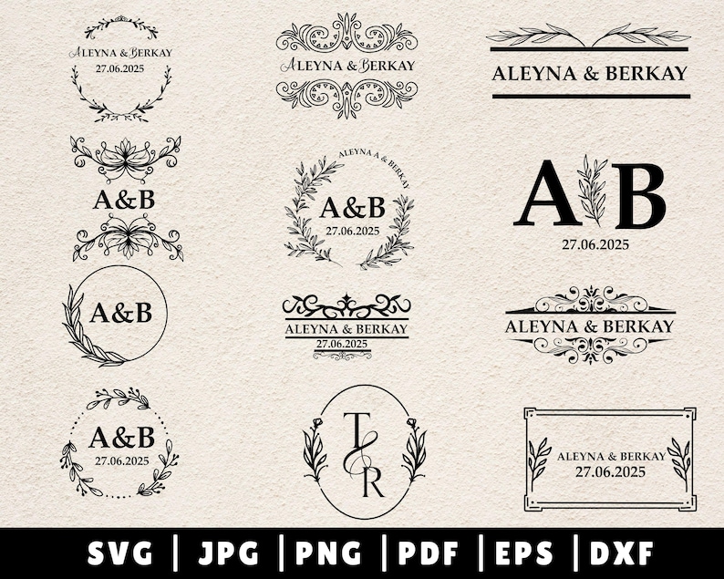 May include: A set of 10 wedding logo designs featuring various styles of floral wreaths, initials, and the names "Aleyna & Berkay" with the date "27.06.2025".
