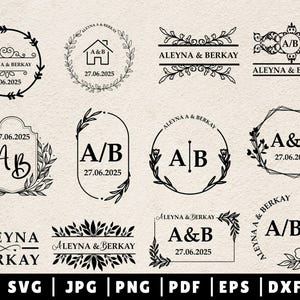 May include: A set of 10 black and white wedding monogram logo designs featuring various floral and geometric elements. The logos include the names "Aleyna & Berkay" and the initials "A&B" with the date "27.06.2025".