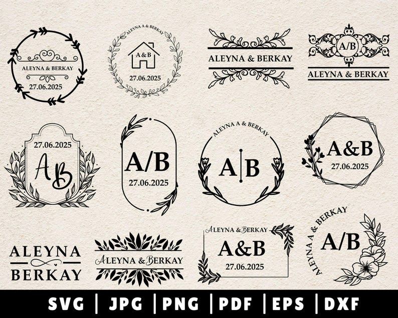 May include: A set of 10 black and white wedding monogram logo designs featuring various floral and geometric elements. The logos include the names "Aleyna & Berkay" and the initials "A&B" with the date "27.06.2025".