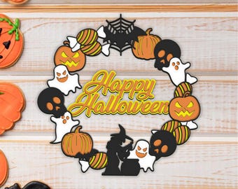 3D Happy Halloween Wreath Laser Cut File, Mandala Layered Digital Cut File, Halloween Bat Ghost Pumpkin SVG, Wall Art, Papercut, Cricut