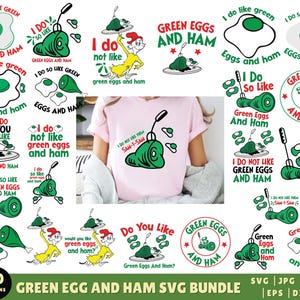 Op de afbeelding: Een set van 30 digitale ontwerpen met illustraties en tekst die betrekking hebben op het kinderboek "Green Eggs and Ham". De ontwerpen bevatten zinnen als "Ik hou zo van groene eieren en ham" en "Hou je van groene eieren en ham?" De ontwerpen zijn beschikbaar in de formaten SVG, JPG, PNG, EPS en DXF.