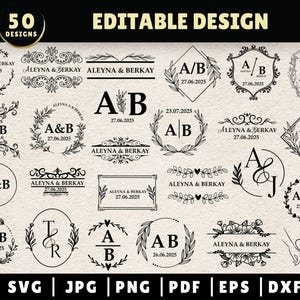 May include: A collection of 50 editable wedding monogram designs featuring various styles of initials, floral elements, and text. The designs include a mix of classic and modern styles, with options for both traditional and contemporary weddings.