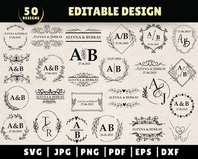 May include: A collection of 50 editable wedding monogram designs featuring various styles of initials, floral elements, and text. The designs include a mix of classic and modern styles, with options for both traditional and contemporary weddings.