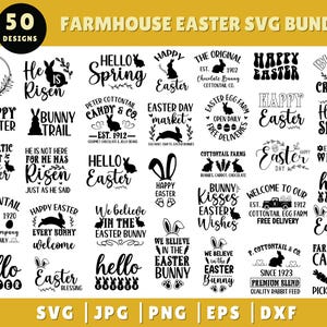 May include: A collection of 50 farmhouse-style Easter SVG designs featuring bunnies, eggs, and spring-themed text. The designs are black and white and perfect for crafting, scrapbooking, and other creative projects.