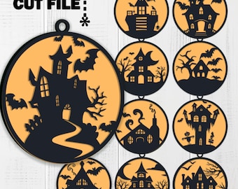 10 ハロウィン サイン SVG レーザーカット ホラー ハロウィン Glowforge、不気味な季節の装飾用レーザー ファイル、玄関のサイン、ハロウィンの装飾
