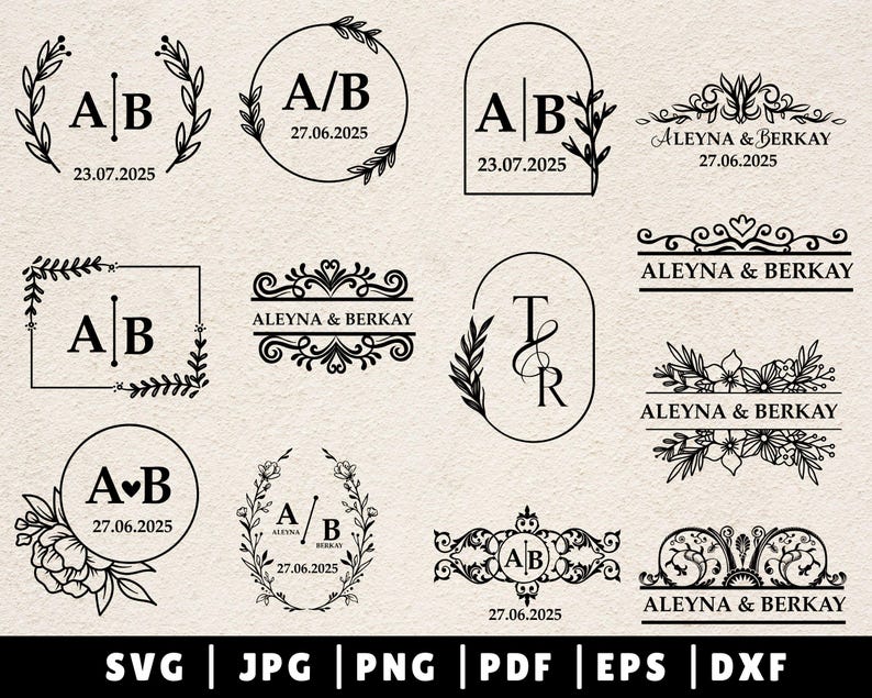 May include: A set of 10 black and white wedding monogram designs featuring the letters A and B. The designs include various floral and geometric elements, with some including the names Aleyna and Berkay and dates.