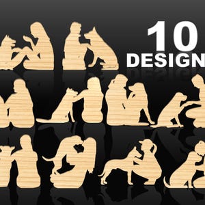 Hölzerne Puzzles von Mensch und Haustier, 3D Mensch und Hund Puzzle, austauschbare Mann / Frau mit Hund Silhouette SVG PNG Laserschnittdatei