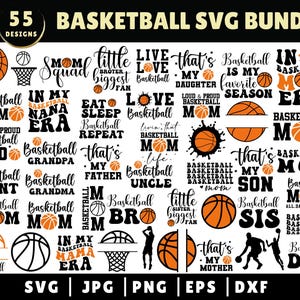 Può includere: Un set di 55 design SVG a tema basket con varie frasi e immagini legate al basket, tra cui palloni da basket, canestri e giocatori. I design sono in nero e arancione.