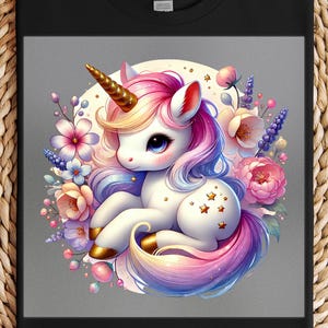 Adorable Baby Unicorn DTF Transfer, Floral Fantasy Design, Ready to Press Iron-On for DIY Apparel and Unique Gift Projects