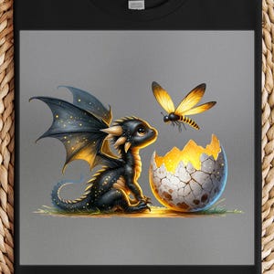 May include: A black and gold dragon with large wings sits next to a cracked egg with a glowing interior. A yellow and black insect hovers nearby. The artwork is set against a gray background.