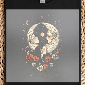 Crescent Moon Faces DTF Transfer: Mystical Floral Apparel