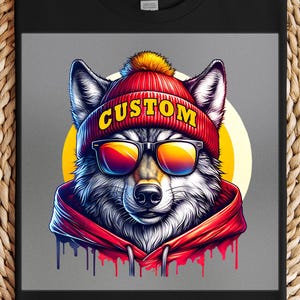 Wolf Mascot DTF Transfer: Beanie, Shades Decal