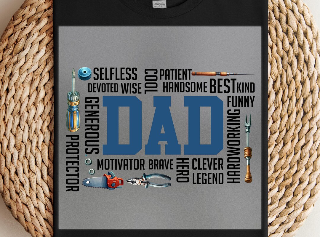 Dad Tools DTF Transfer, Blue Bold Letters Surrounded by Repair Tools ...