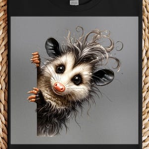 Peeking Opossum DTF Transfer, Adorable Animal with Messy Fur, Ready to Press DIY Shirt, Funny Critter Art for Creative Apparel Projects