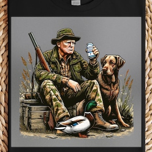 Hunting Scene Heat Transfer, Hunter with Dog and Duck Design, Perfect for DIY Outdoor Apparel, Ready-to-Press