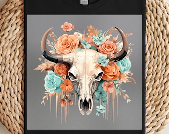 Floral Bull Skull DTF Transfer with Pastel Roses and Turquoise Accents, Rustic Western Design, Ready to Press for DIY Apparel and Decor