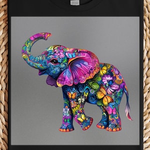 Colorful Elephant DTF Transfer: Boho Butterfly Design, Ready to Press