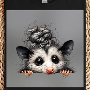 Adorable Top Bun Opossum DTF Transfer, Cute Critter with Curly Hair, Ready to Press Shirt Art for DIY Projects, Whimsical Animal Design