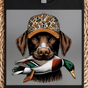 Dog with Mallard Duck Heat Transfer, Camouflage Design for Outdoor Enthusiasts, Ready-to-Press DTF