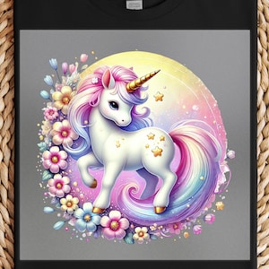 Rainbow Unicorn DTF Transfer, Cute Pastel Floral Design, Ready to Press Iron-On for DIY Apparel, Totes, and Home Decor