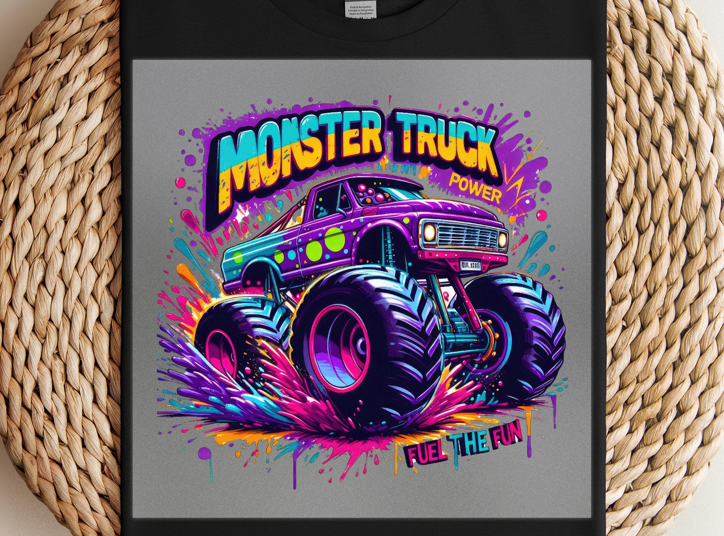 Color Splash Monster Truck DTF Transfer, Bright Cartoon Truck Art, Ready to Press Fun Shirt Design, Youth Truck Print
