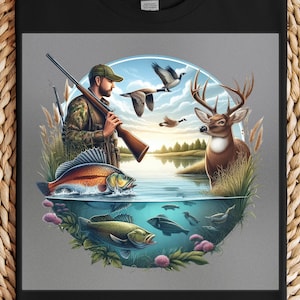 Hunting Fishing DTF Transfer, Wildlife Outdoor Art, Deer and Bass Design, Ready to Press, DIY Iron-On, Nature Lover Gift, Rustic Decor