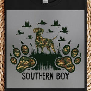 Southern Boy DTF Transfer, Hunting Dog Camo Print, Duck Hunting Art, Ready to Press, DIY Iron-On, Rustic Country Shirt