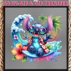 May include: A colorful graphic featuring a cartoon character wearing sunglasses and a Hawaiian shirt, riding a surfboard on a wave. Palm trees and flowers surround the character. Text at the top reads "3D UV-DTF & DTF TRANSFER."