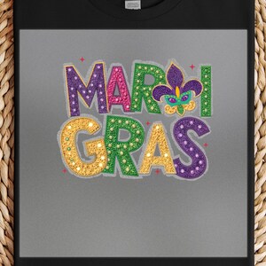 Mardi Gras Text DTF Transfer, Bold Purple Green Gold Beads and Mask Design, DIY Ready to Press Festive Shirt Print